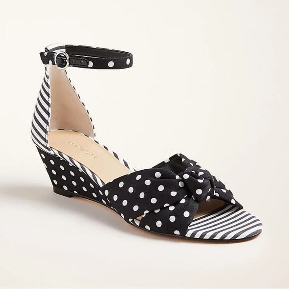 Ann Taylor Kaylin Polka Dot Knot Wedge Sandals Size 8 Black & White - Picture 1 of 12